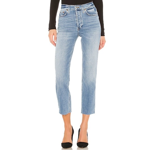 Re/Done 70s Stove Pipe Slim Straight Crop Jean High Waist Raw Hem Light Stone 24 - Picture 2 of 16